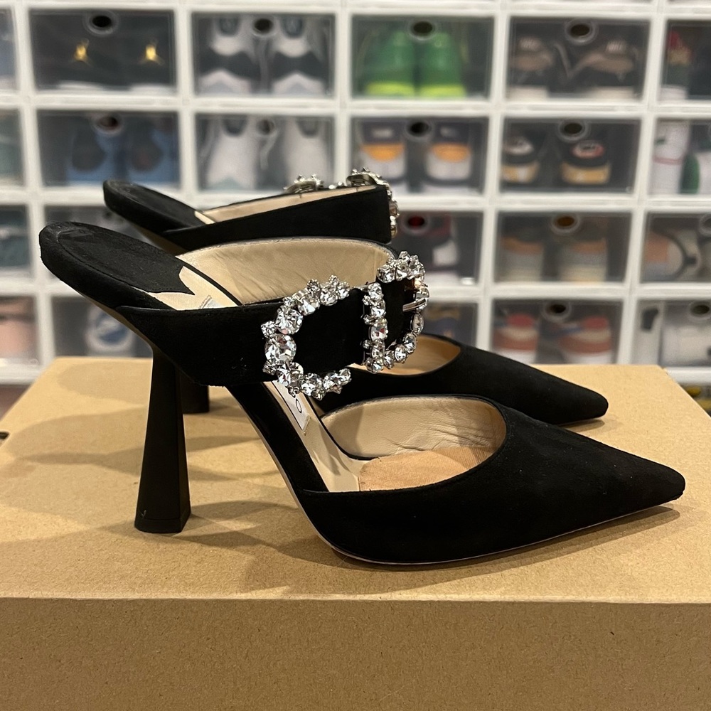 JIMMY CHOO Smokey Black Suede Jeweled Maryjane Mule, 100mm, size 38